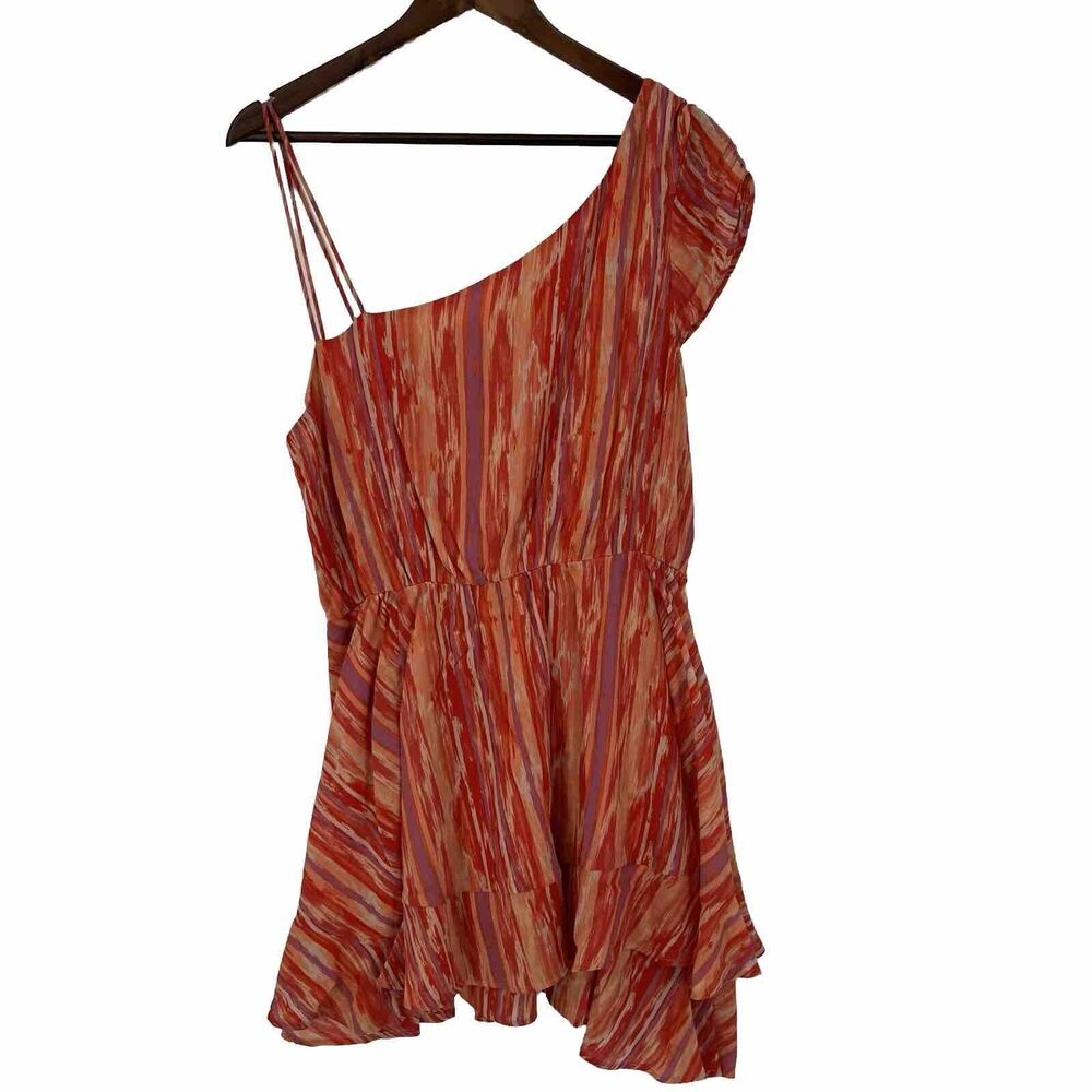 Free People L Orange Striped One Shoulder Cotton Asymmetrical Mini Dress